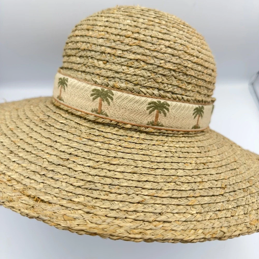 Scala Collection Straw Sun Hat Tan Wide Brim Palm Tree Embroidered Band Coastal